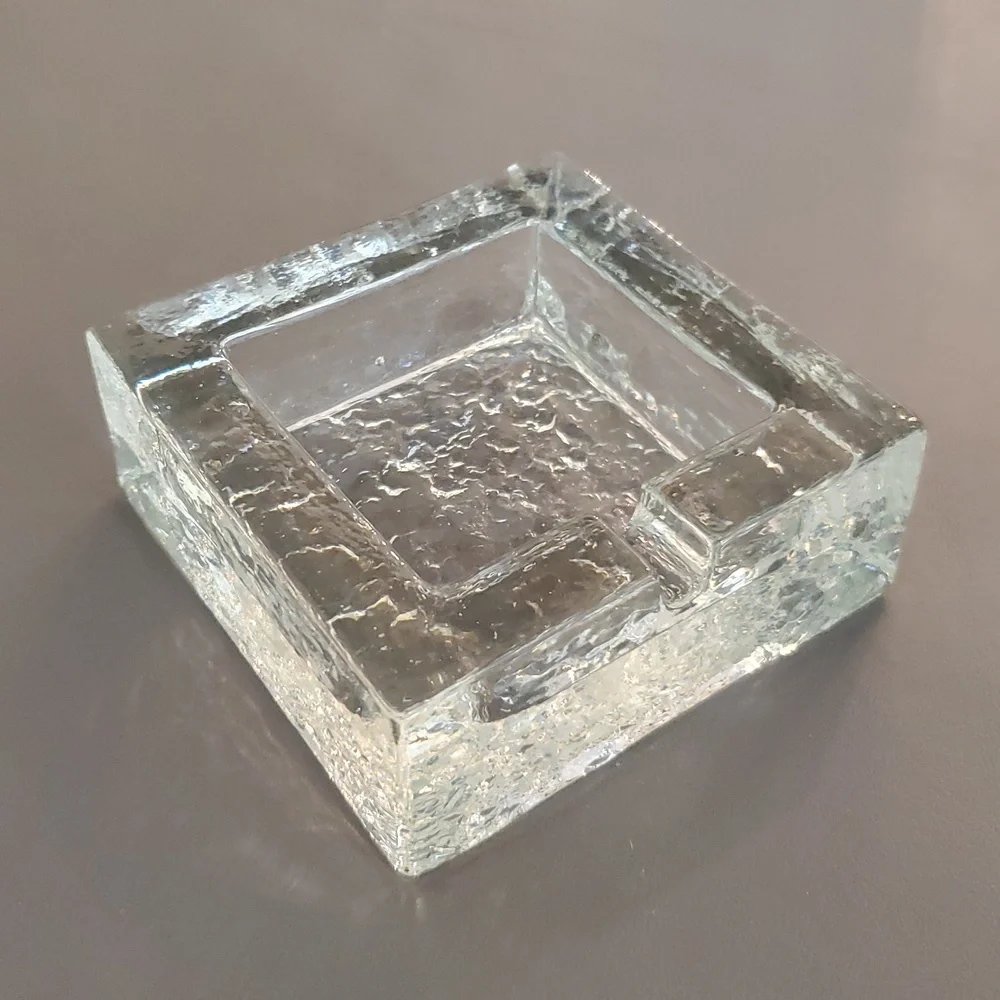 Crate & Barrel Square Textured Art Glass Ashtray MCM Style